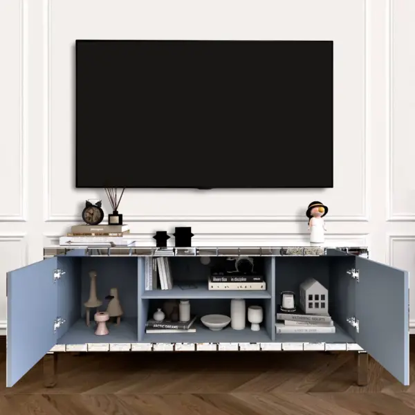 60' Mirrored TV Stand with Crushed Diamond Glass Doors - Modern Media Entertainment Center for Living Room, Adjustable Storage TV Console Table for 65-Inch TV