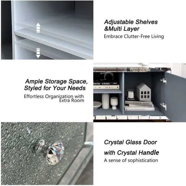 60' Mirrored TV Stand with Crushed Diamond Glass Doors - Modern Media Entertainment Center for Living Room, Adjustable Storage TV Console Table for 65-Inch TV