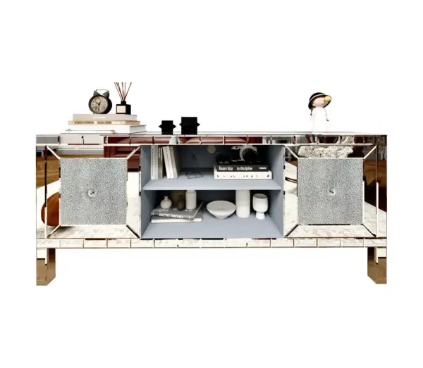 60' Mirrored TV Stand with Crushed Diamond Glass Doors - Modern Media Entertainment Center for Living Room, Adjustable Storage TV Console Table for 65-Inch TV