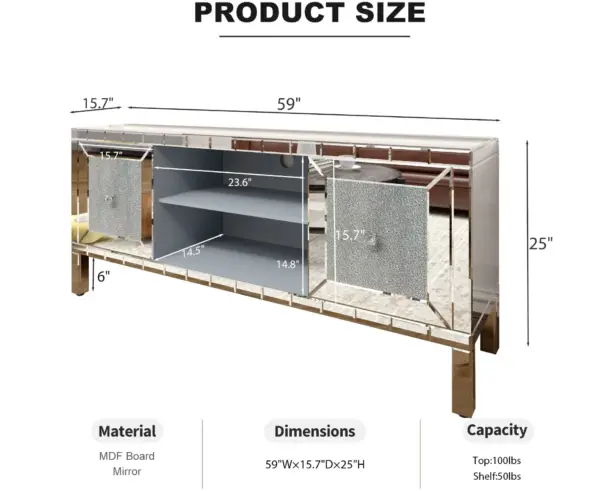 60' Mirrored TV Stand with Crushed Diamond Glass Doors - Modern Media Entertainment Center for Living Room, Adjustable Storage TV Console Table for 65-Inch TV