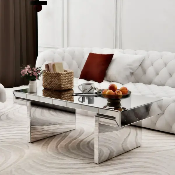 47 Inches Luxury Rectangular Mirror Coffee Table with Fluted Tempered Glass, Modern Sofa Side Table, Easy 2-Step Assembly, Light Luxury Style, Reinforced Packaging