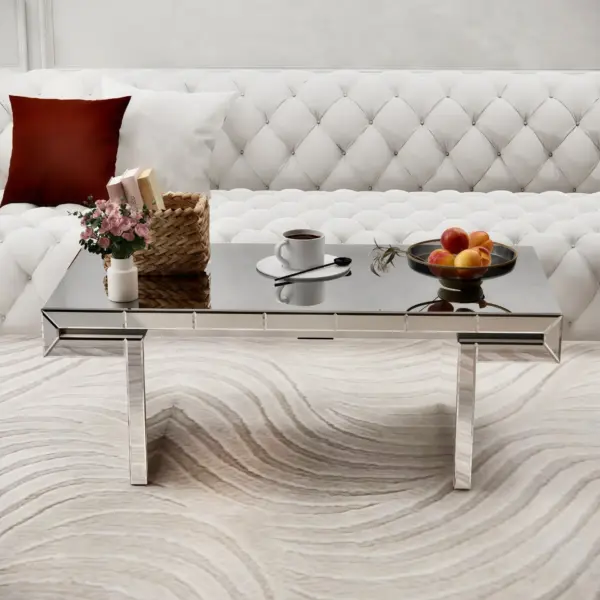 47 Inches Luxury Rectangular Mirror Coffee Table with Fluted Tempered Glass, Modern Sofa Side Table, Easy 2-Step Assembly, Light Luxury Style, Reinforced Packaging