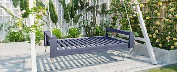 Twin Size Porch Swing Bed Seating Group, Patio Acacia Wood Swing Frame with Hemp Ropes for Garden, Backyard, Gray