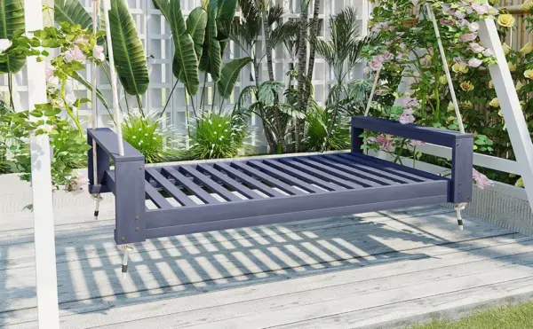 Twin Size Porch Swing Bed Seating Group, Patio Acacia Wood Swing Frame with Hemp Ropes for Garden, Backyard, Gray