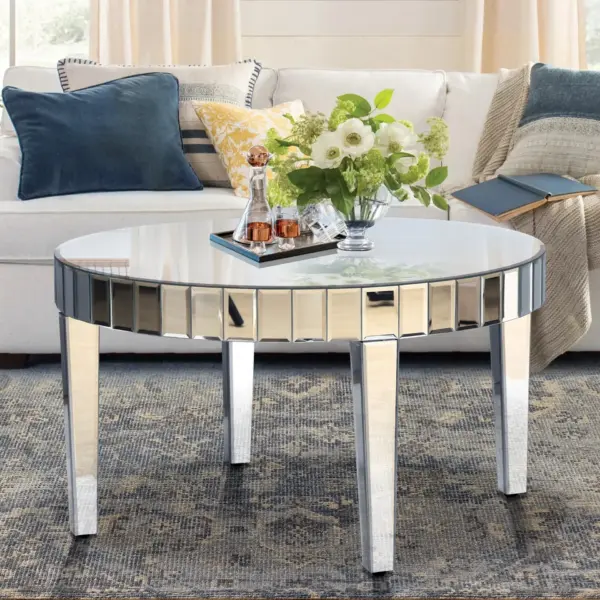 Dazzling Sliver Round Coffee Table with Starburst Mirror Mosaic Design, Glass Top for Living Room, Luxury Sofa Center Table, Modern Home Decor (31.5'' W * 31.5'' D * 18''H)