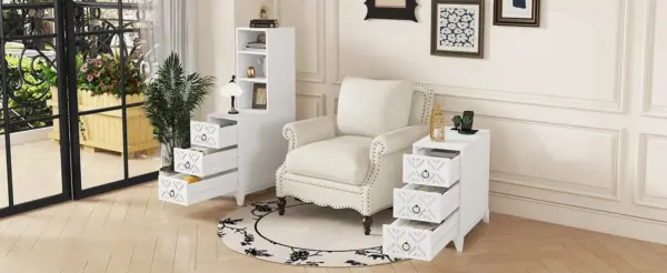End Table with 3 Drawers, Corner Table with 2 Open Shelves, Tall Side Table for Bedroom and Corner, White,Expect Arrival Date (2025/5/27)