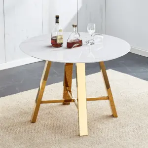 Modern minimalist white patterned circular dining table and coffee table. MDF desktop, diameter 42 inches, stainless steel metal legs, suitable for home and office.W1151P180357