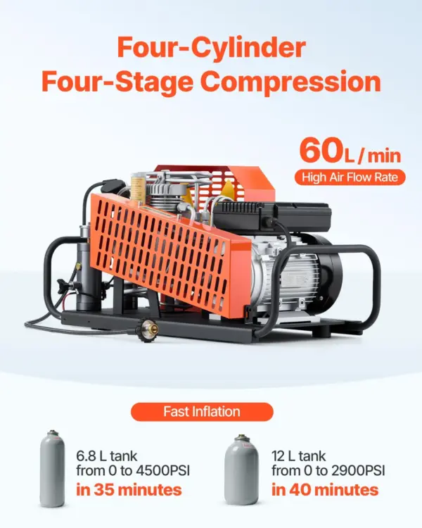 VEVOR PCP Air Compressor, 4500PSI/30Mpa Diving Scuba Tank Air Compressor, 60 L/min Four-Cylinder Auto Stop PCP Rifle Compressor Pump with Fan Cooling System for Scuba Tanks, Paintball, Firefighting