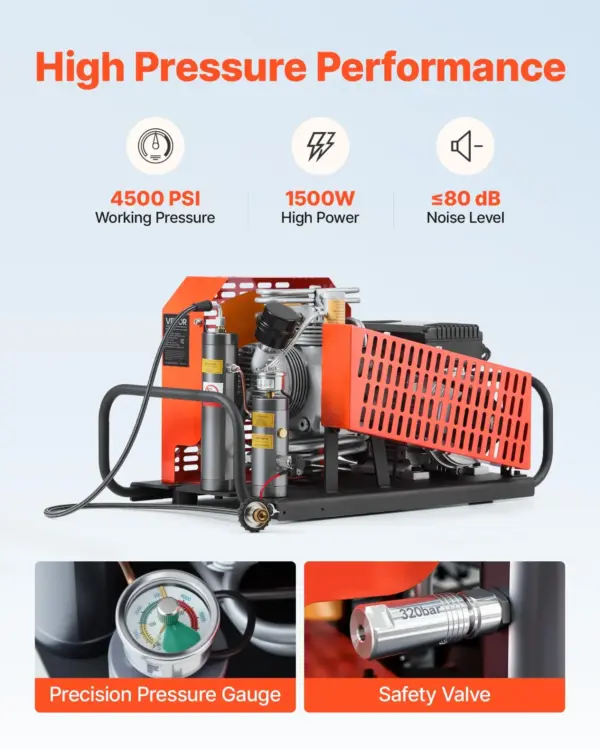 VEVOR PCP Air Compressor, 4500PSI/30Mpa Diving Scuba Tank Air Compressor, 60 L/min Four-Cylinder Auto Stop PCP Rifle Compressor Pump with Fan Cooling System for Scuba Tanks, Paintball, Firefighting
