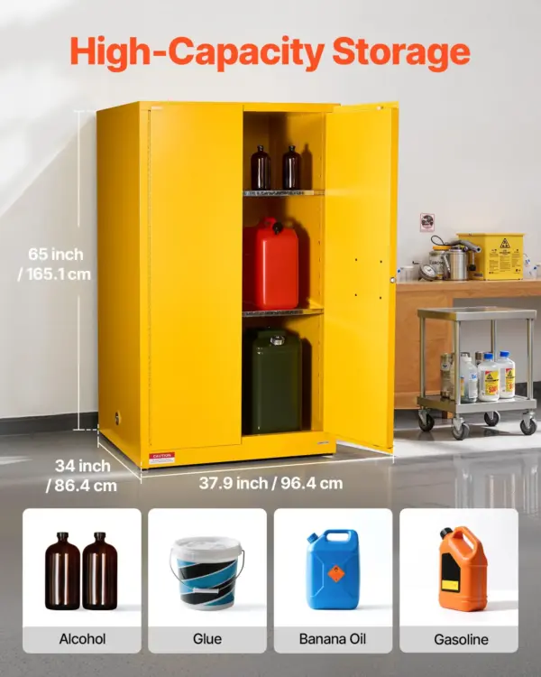 VEVOR Flammable Cabinet, 37.9 x 34.0 x 65.0 Inch, 65 Gallon Flammable Storage Cabinet with Adjustable Shelf, Cold-Rolled and Galvanized Steel Fire Cabinets, for Commercial Industrial Home Use, Yellow
