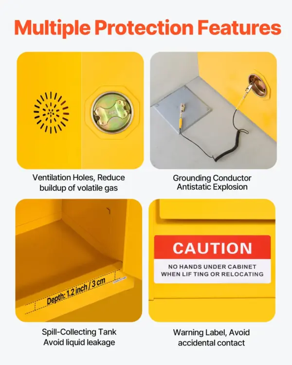 VEVOR Flammable Cabinet, 37.9 x 34.0 x 65.0 Inch, 65 Gallon Flammable Storage Cabinet with Adjustable Shelf, Cold-Rolled and Galvanized Steel Fire Cabinets, for Commercial Industrial Home Use, Yellow