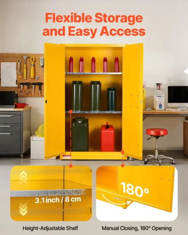 VEVOR Flammable Cabinet, 37.9 x 34.0 x 65.0 Inch, 65 Gallon Flammable Storage Cabinet with Adjustable Shelf, Cold-Rolled and Galvanized Steel Fire Cabinets, for Commercial Industrial Home Use, Yellow