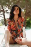 Leaf Floral Print Front Zip Long Sleeve Rash Guard