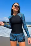 Tropical High Neck Shorts Long Sleeve Swimsuit
