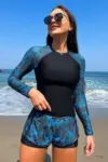 Tropical High Neck Shorts Long Sleeve Swimsuit