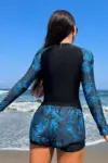 Tropical High Neck Shorts Long Sleeve Swimsuit