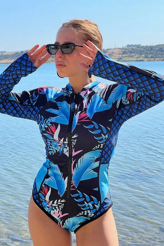 Leaf Printed Long Sleeve Half Zip UPF50 Rash Guard