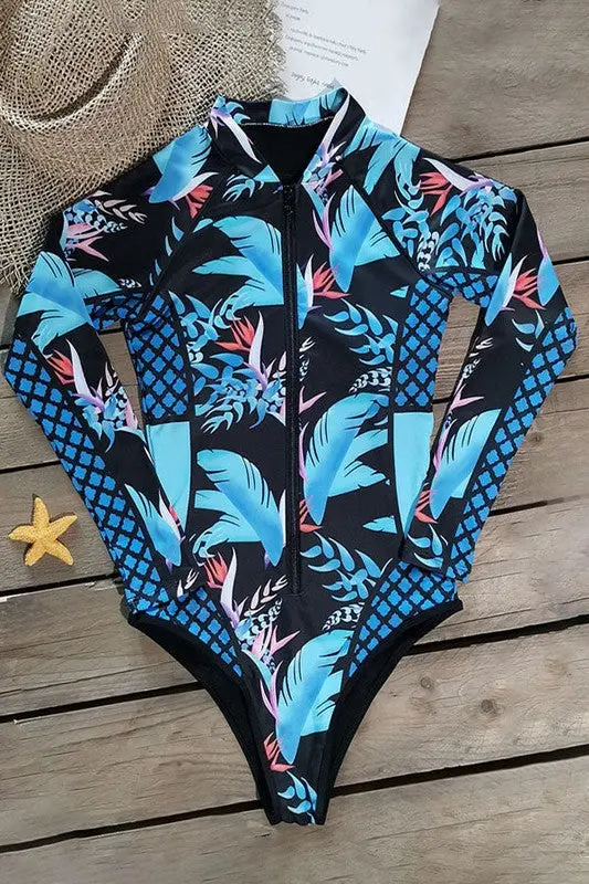 Leaf Printed Long Sleeve Half Zip UPF50 Rash Guard