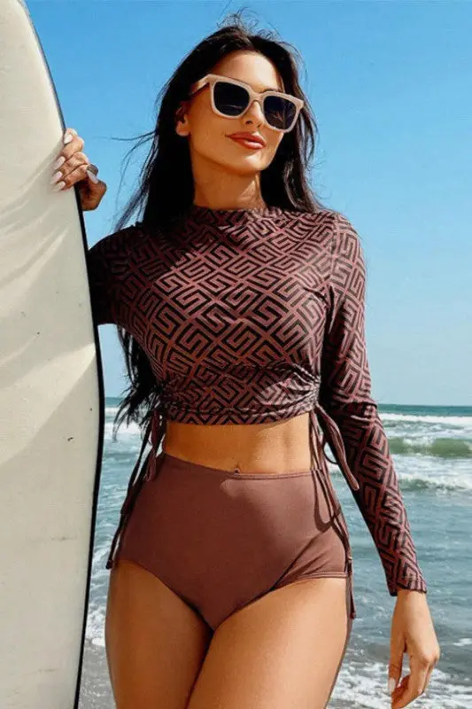 Geometric Printed Ruched Two Pieces Swimsuit