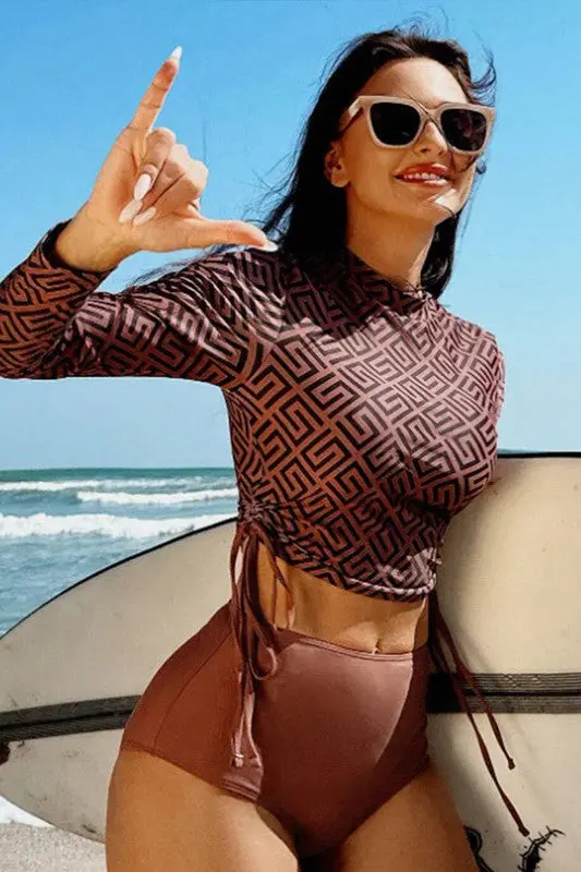 Geometric Printed Ruched Two Pieces Swimsuit