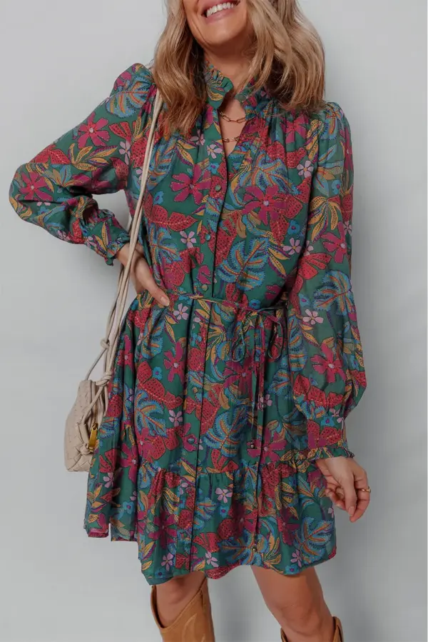 Maria Floral V Neck Puff Sleeve Dress