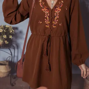 Liliana Floral Embroidered Tassel Tie Mini Dress