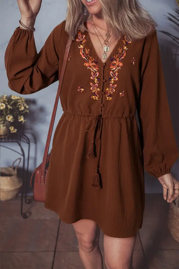 Liliana Floral Embroidered Tassel Tie Mini Dress