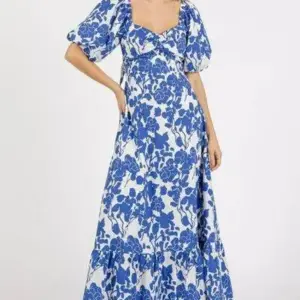 Mittoshop Cutout Back Floral Sweetheart Neck Puff Sleeve Dress