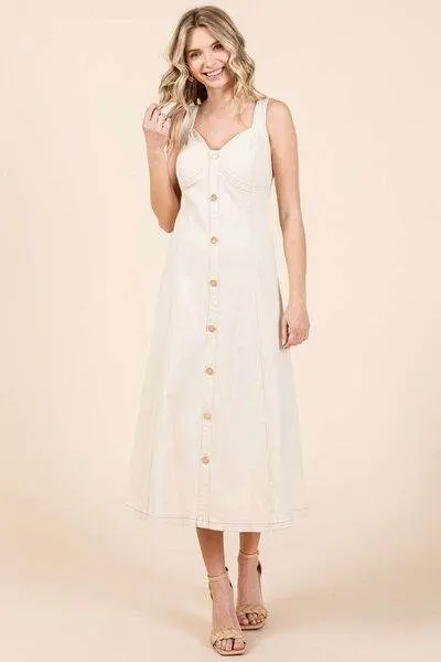 Mittoshop Stretch Twill Decor Button Sleeveless Midi Dress