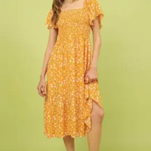Mittoshop Flower Print Flutter Sleeve Smocked Midi Dress