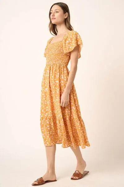 Mittoshop Flower Print Flutter Sleeve Smocked Midi Dress