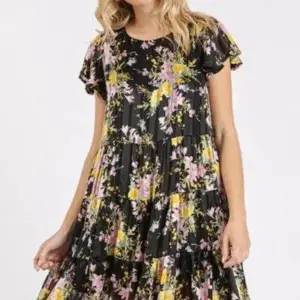 Mittoshop Flower Print Round Neck Flutter Sleeve Tiered Dress
