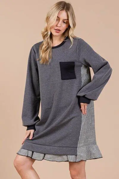 Ces Femme Striped Patchwork Round Neck Terry Sweatshirt Dress