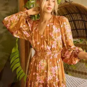 Mittoshop Flower Print Satin Lurex Stripe Smocked Midi Dress