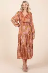 Mittoshop Flower Print Satin Lurex Stripe Smocked Midi Dress