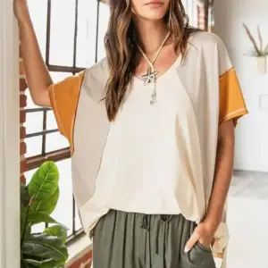 Mittoshop Color Block V-Neck Short Sleeve T-Shirt