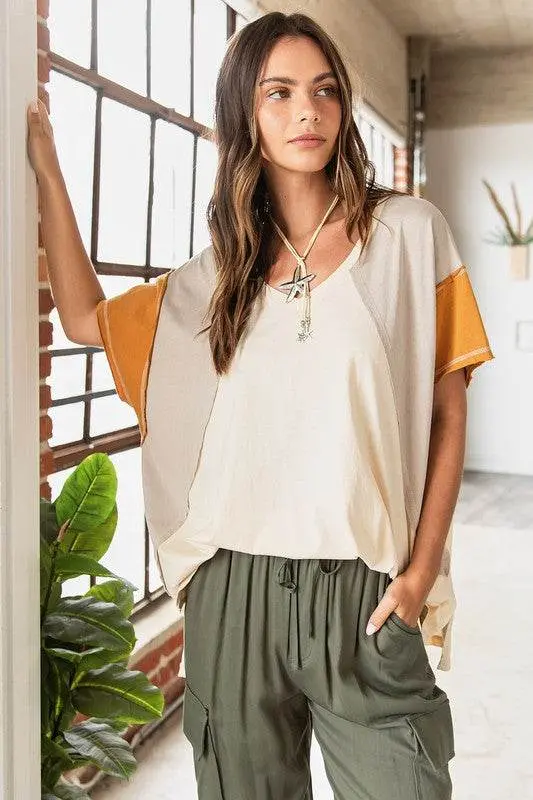Mittoshop Color Block V-Neck Short Sleeve T-Shirt