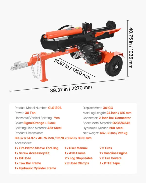 VEVOR 30 Tons Log Splitter, 306CC Engine, Powered Wood Splitter with 2" Ball Coupler, Auto Return, Vertical & Horizontal Mode, Firewood Splitting Wedge Machine for Forestry Harvest