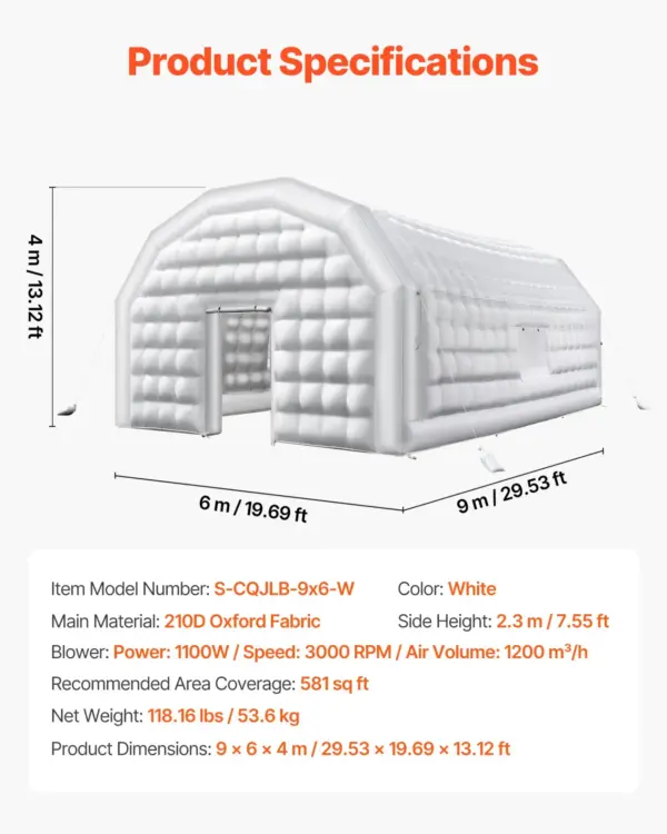 VEVOR Inflatable Nightclub, 29.5 x 19.7 x 13.1 ft Inflatable Party Tent with 1100W Blower & Sandbag, Blow up Night Club with 2 Windows, Air Cube House for Event Birthday Wedding Party, White