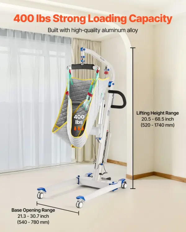 VEVOR Electric Patient Lift, Folding Patient Transfer Lift with U-Shaped Sling, Height & Width Adjustable Medical Transfer Assist with 4 Wheels & Handle Controller for Disabled Bedridden, 400LBS