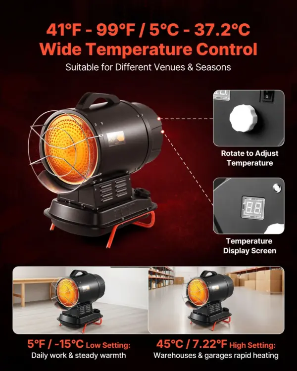 VEVOR 125000 BTU Radiant Kerosene Diesel Heater, Portable Industrial Space Heater with Adjustable Temp & Wheels, Ideal for Jobsite/Garage/Warehouse/Workshop Construction Heating,Black
