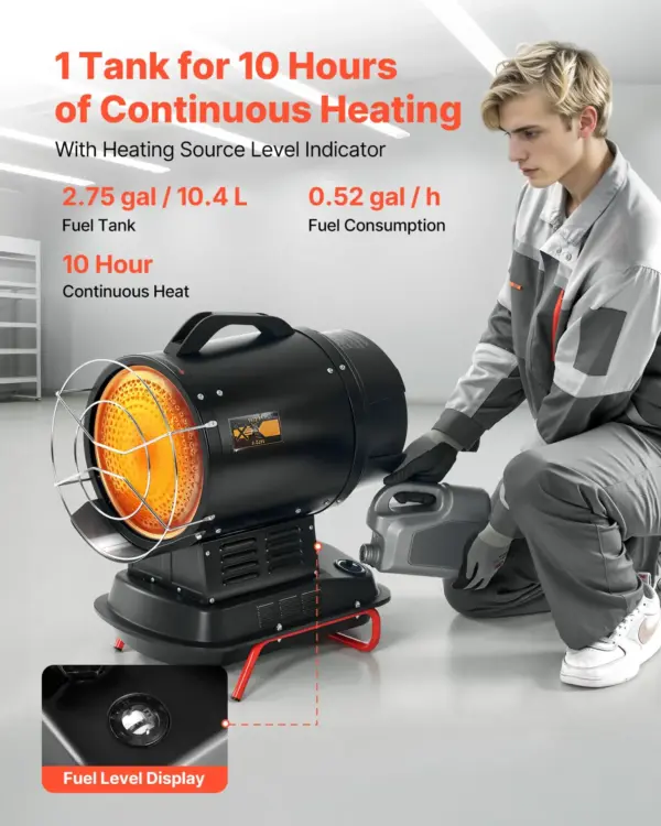 VEVOR 125000 BTU Radiant Kerosene Diesel Heater, Portable Industrial Space Heater with Adjustable Temp & Wheels, Ideal for Jobsite/Garage/Warehouse/Workshop Construction Heating,Black