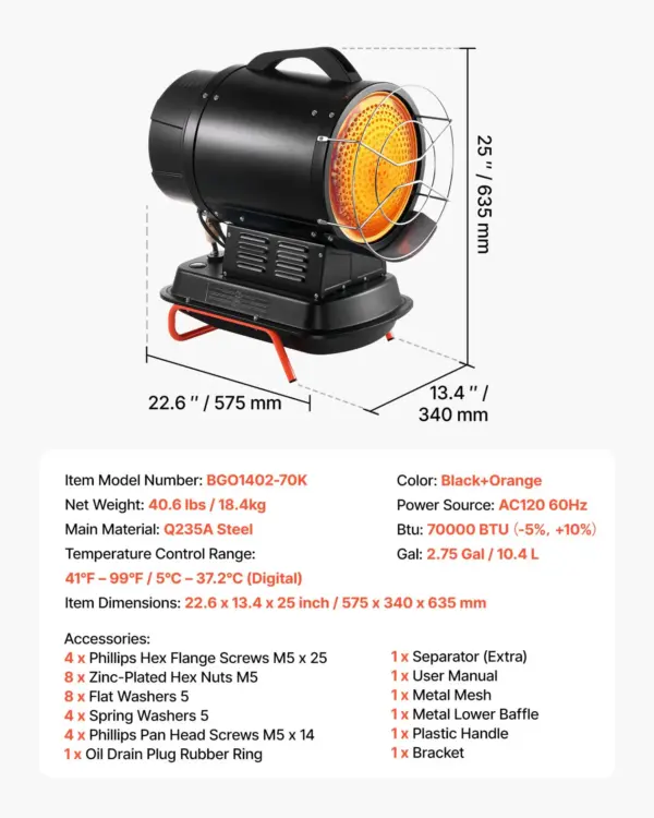 VEVOR 125000 BTU Radiant Kerosene Diesel Heater, Portable Industrial Space Heater with Adjustable Temp & Wheels, Ideal for Jobsite/Garage/Warehouse/Workshop Construction Heating,Black