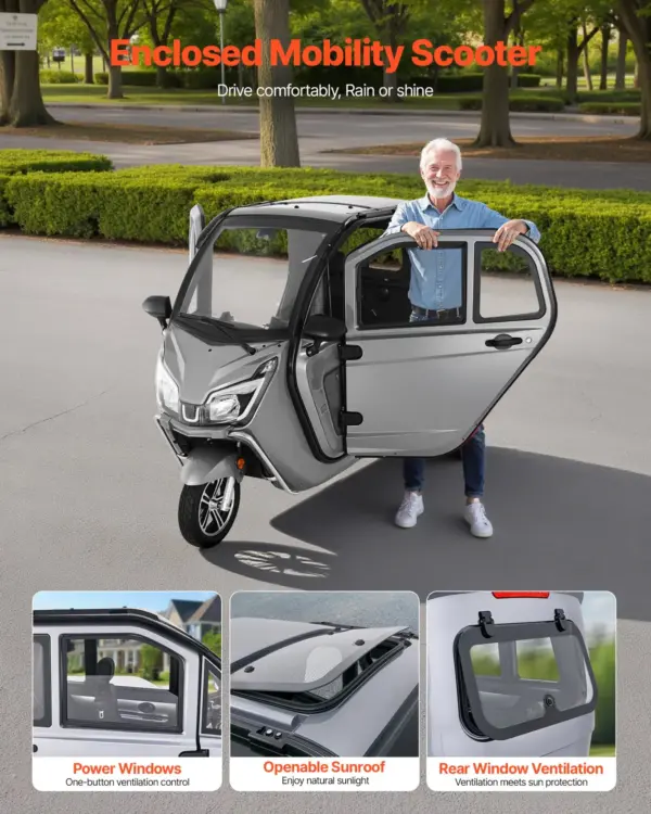 VEVOR 3-Wheel Enclosed Mobility Scooter for Seniors Adults, 650lbs Capacity, 3-Seater 1500W Electric Recreational Mobility Scooter 37 Miles Long Range, Remote Unlock, All-Terrain for Shopping Touring