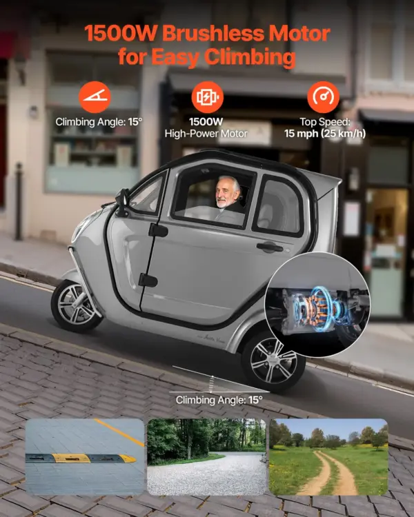VEVOR 3-Wheel Enclosed Mobility Scooter for Seniors Adults, 650lbs Capacity, 3-Seater 1500W Electric Recreational Mobility Scooter 37 Miles Long Range, Remote Unlock, All-Terrain for Shopping Touring