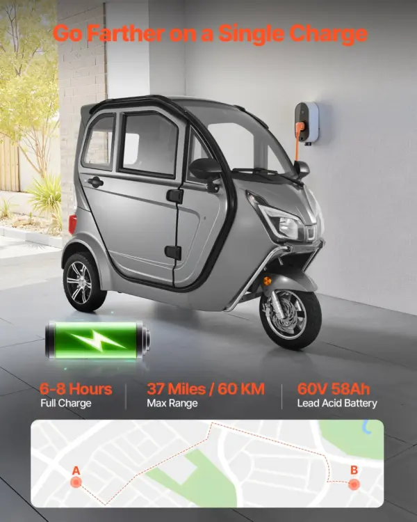 VEVOR 3-Wheel Enclosed Mobility Scooter for Seniors Adults, 650lbs Capacity, 3-Seater 1500W Electric Recreational Mobility Scooter 37 Miles Long Range, Remote Unlock, All-Terrain for Shopping Touring