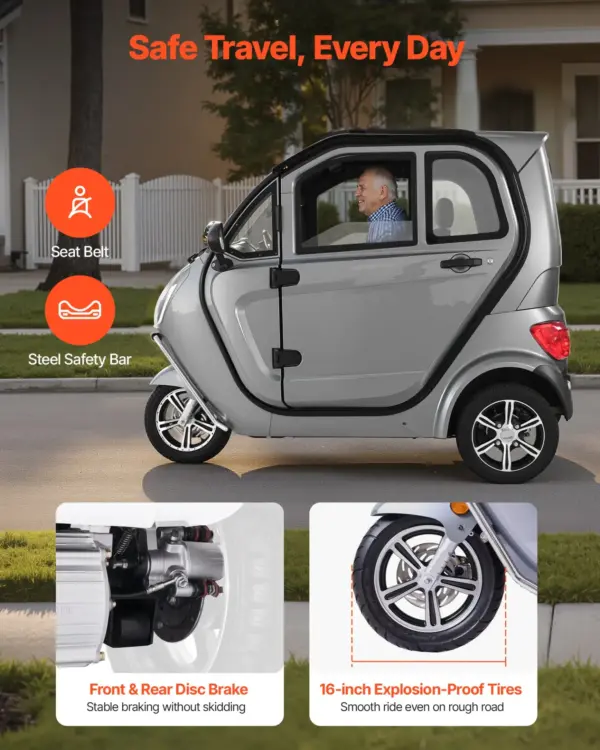 VEVOR 3-Wheel Enclosed Mobility Scooter for Seniors Adults, 650lbs Capacity, 3-Seater 1500W Electric Recreational Mobility Scooter 37 Miles Long Range, Remote Unlock, All-Terrain for Shopping Touring